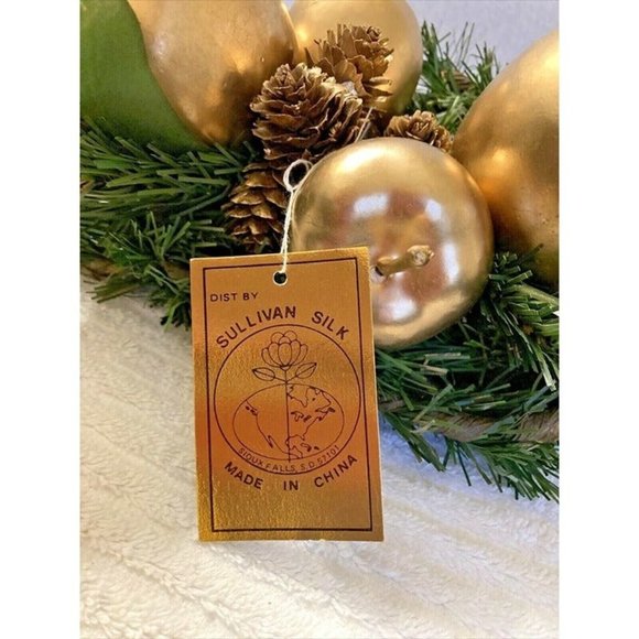 VINTAGE SULLIVAN SILK CHRISTMAS CENTERPIECE GOLD APPLES & PINE CONES 15"x8" NWT - Picture 3 of 5